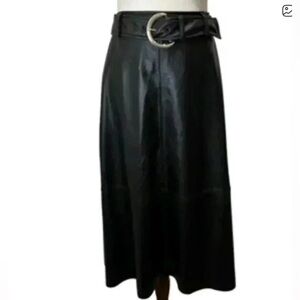 NWT Black vegan Leather midi Skirt w belt